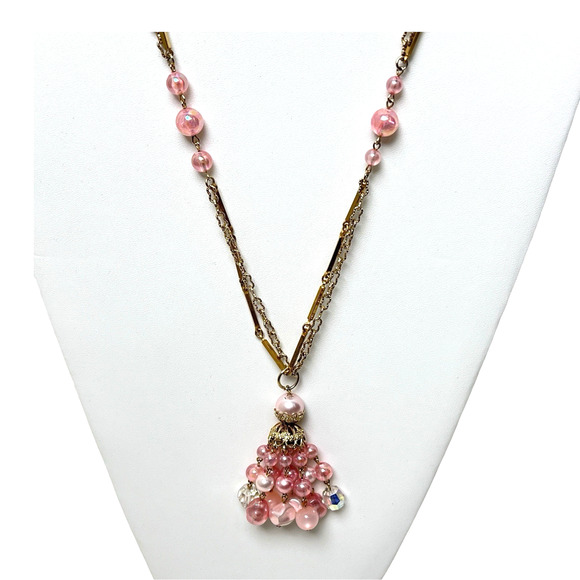 Coro Tassel Necklace Pink Dangle Beads Bar Links Gold Tone 27" Soft Boho Vtg - Picture 6 of 13